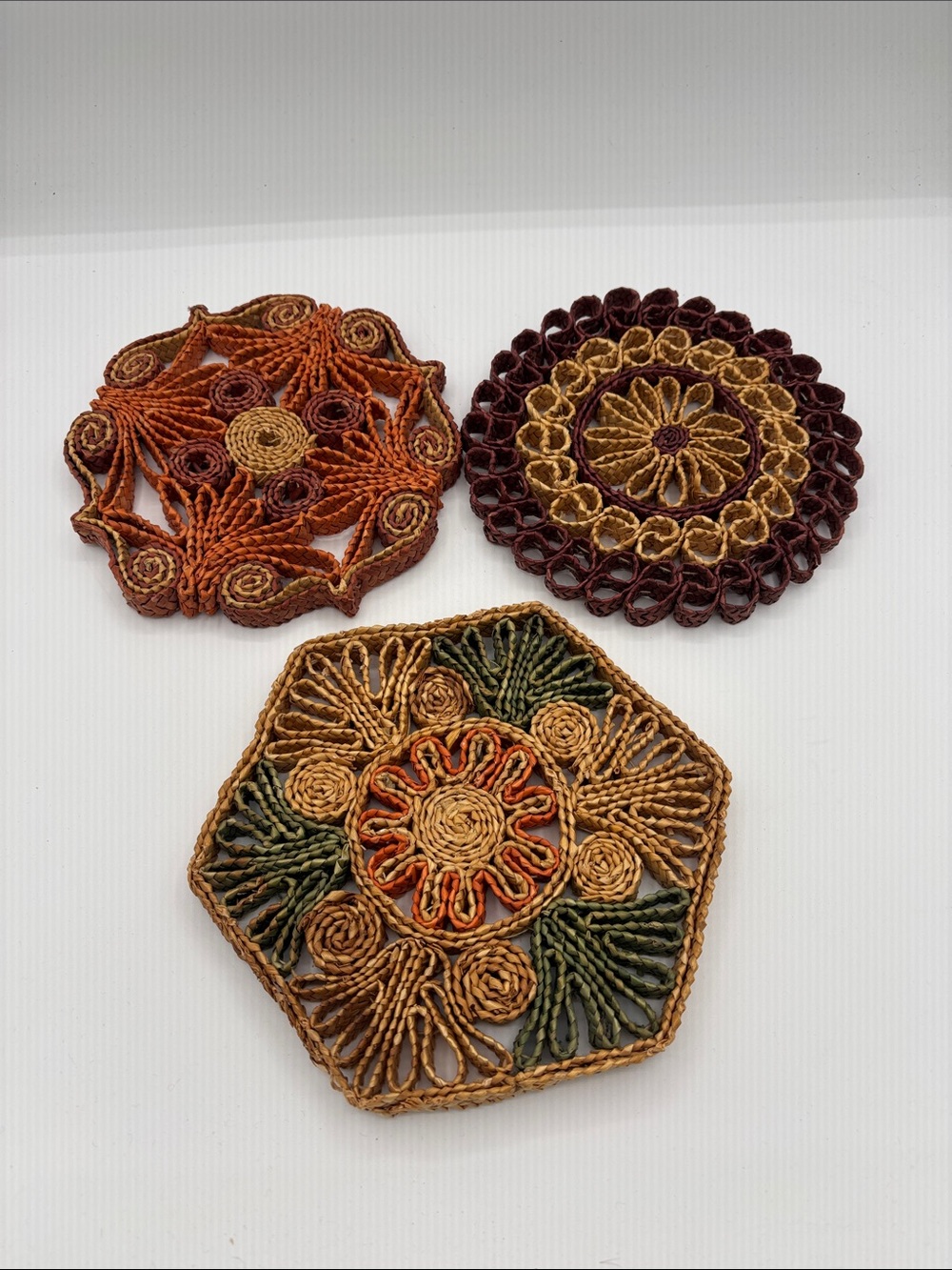 Vintage Handmade Woven Mid-Century Coasters Trivets - Autumn Tones (Set of 3)